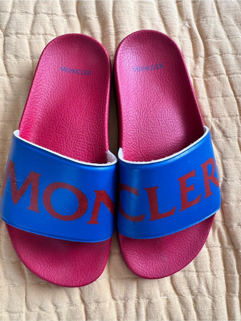 Moncler Slip on Sandals Logo Pool Slides Blue Red Sz 36 5.5/6